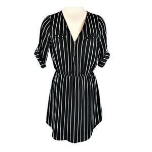 Shirt Dress Roll Tab Sleeves Zipper Front Striped Rounded Hem Women's Large